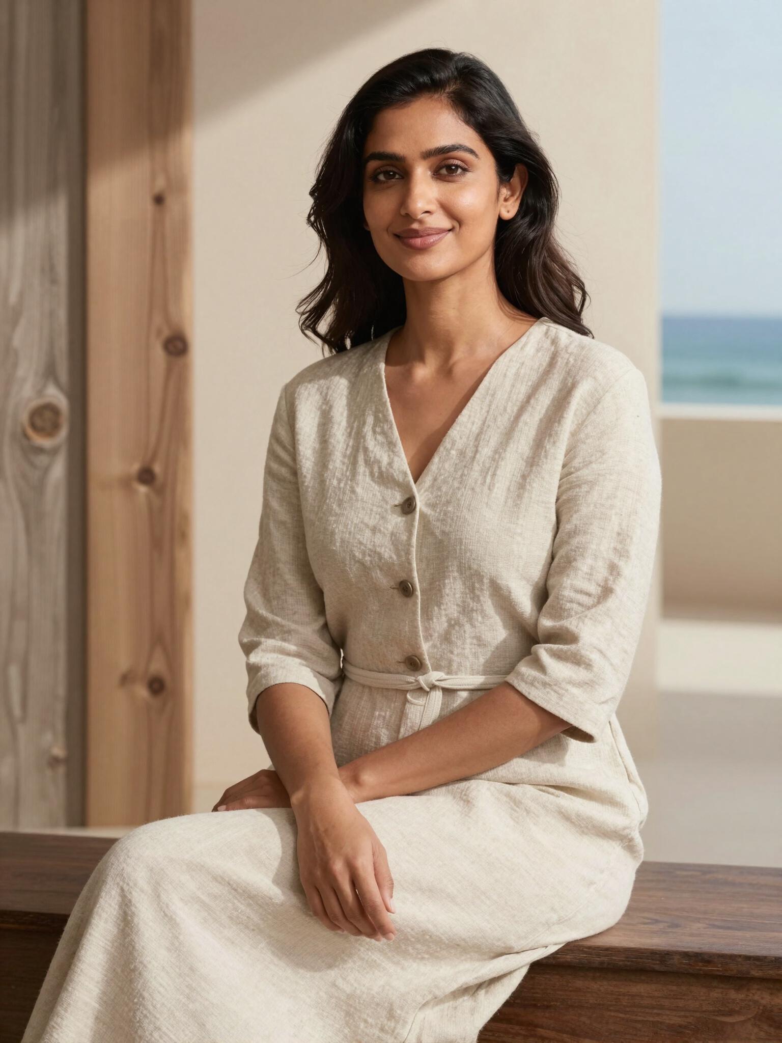 Perrin, owner of Salted Peach, seated in linen
